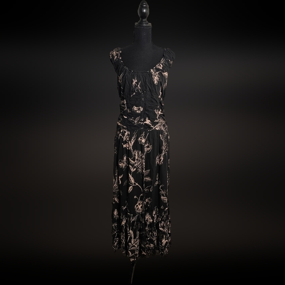 Anthropologie Black Floral Ruched Viscose, Modal Dress Long Midi Medium - Picture 3 of 14